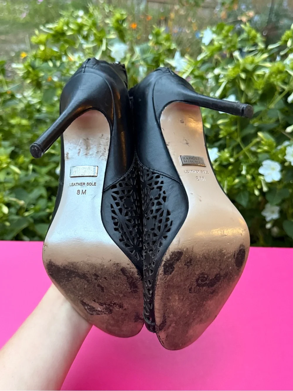 Badgley Mischka July Black Leather Laser Cut Peep Toe Ankle Stiletto Booties 8